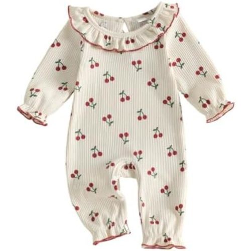 Newborn Baby Girl Cherry Outfit Romper Waffle Jumpsuit Fall Clothes