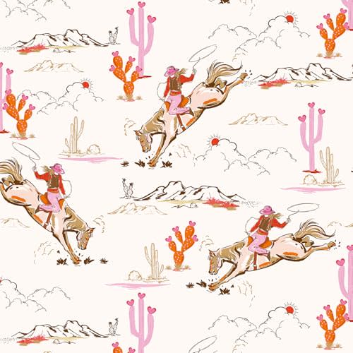 17.5x393 Mid Century Western Peel and Stick Wallpaper Waterproof Cowboy Pink Cactus Desert Wall Mural Girly Wallpaper for Girls Bedroom Nursery Kids Room Whimsical Contact Paper Removable