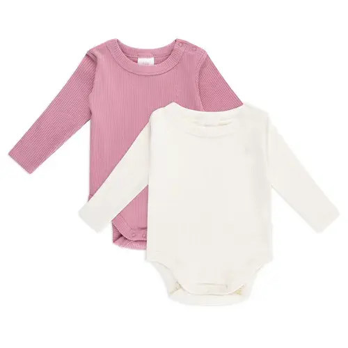 Bilbi 2 Pack Bodysuit Long Sleeve Rib Organic Mulberry / Snow | Baby Bunting AU