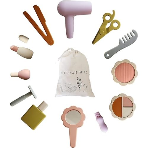Marlowe & Co Silicone Hair Salon and Makeup Kit for Toddlers and Children, 12 Piece Pretend Play Hair and Makeup Kit, Princess Christmas Birthday Gift for 3 4 5 6 Year Old Girls (Retro Multi Mix)