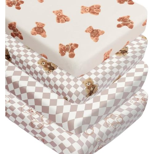 Fitted Baby Neutral Crib Sheets Bear and Buffalo Check Plaid Breathable Unisex Baby Standard Crib Sheet Set for Boys or Girls