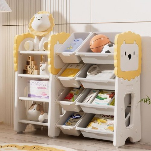 ELJGET 4-Tier Kids Toy Storage Organizer with 8 Removable Bins, Multifunctional Bookshelf for Bedroom, Nursery & Classroom