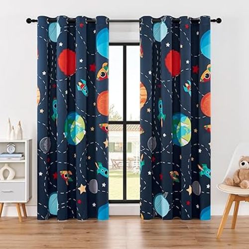 Kids Space Themed Blackout Curtains - 100% Blackout Perfect for Kids Room, Spark Kids Imagination with Vibrant Cosmos Designs, Noise Reduction, Thermal Insulated, (2 Panels W52×L84)