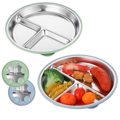 AOWOO 2-Pack Stainless Steel Baby Plates with Suction, 8.26” Divided Toddler Plate, BPA-Free Stainless Steel Kids Plates for Dishwasher Safe, Non-Slip Silicone Base, Detachable Design (Blue, Green)