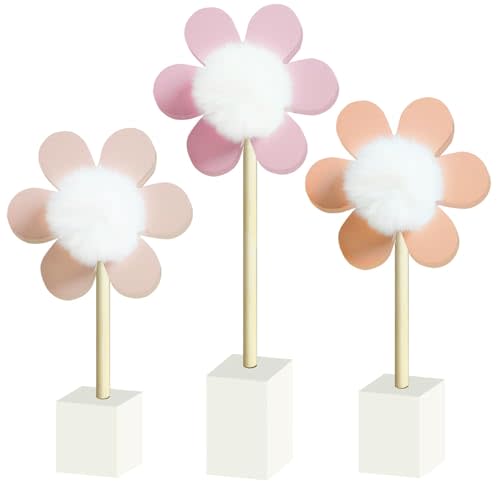3 Pack Daisy Nursery Shelf Decor, Wooden Flower with Pompom Pistil Boho Baby Girl Nursery Room Decoration Bohemian Cute Little Girl Wall Art for Bedroom Kindergarten Classroom Playroom Bookshelf Gift