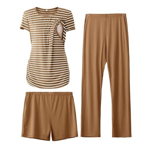 SUNNYBUY Womens Maternity Nursing Pajamas Set, Short Sleeve Breastfeeding Shirts，Pregnancy Shorts & Pants 3 Piece Nursing PJS