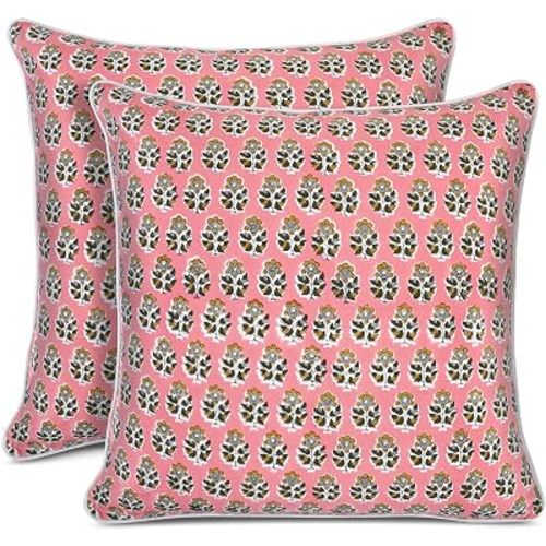 CPC 100% Cotton Throw Pillow Covers 18x18 Inch, Set of 2 Green Block Print Pattern Couch Pillow, Cute Boho Decorative Pillows for Living Room, Bedroom with Hidden Zipper- Poppy Pink