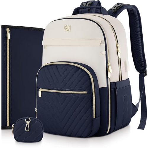 MOMUVO Diaper Bag Backpack, Quilted Baby Bag with Changing Pad & Stroller Straps & Pacifier Case, Large Travel Diaper Bags for Mom Dad, Blue Beige