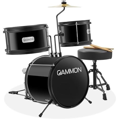 Gammon 3-Piece Junior Drum Set with Throne - Black, Complete Beginner Kit with Bass Drum, Toms, Cymbal, Pedal, and Drumsticks