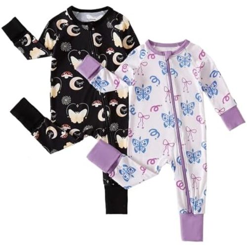 DEFAHN Baby Footless Pajamas Rayon from Bamboo 2Pcs Long Sleeve Romper Jumpsuit with Mitten Boy Girl 2-Way Zipper Sleeper PJs