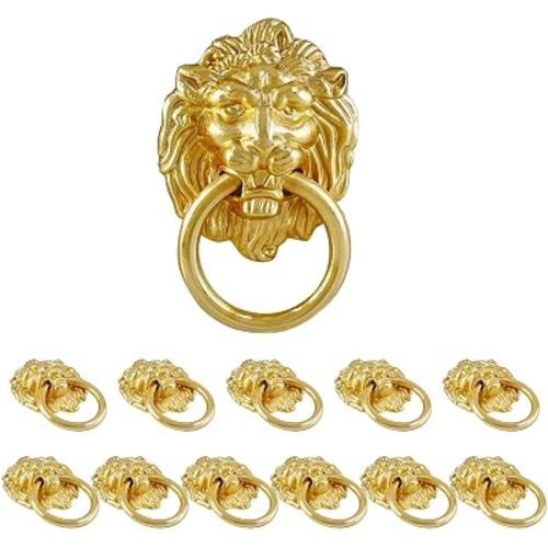 Jiozermi 12 Pcs Lion Head Cabinet Pull Handle, Ring Pulls Handle Drawer Pulls for Dresser Wardrobe Kitchen Cupboard, Gold
