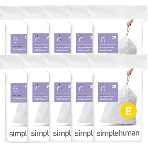 simplehuman Code E 200 Count Custom Fit Liners, Drawstring Kitchen Trash Bags, One-by-One Mess-Free Dispense, Extra Thick & Double Seamed, 50% PCR Plastic, 20 Liter / 5.3 Gallon, White