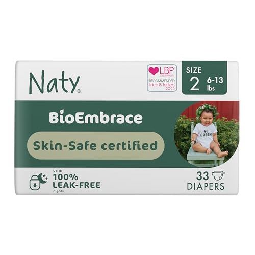 Naty BioEmbrace Baby Newborn Diapers | Sensitive Skin Safe Certified | Leak Protection up to 100% | Plant-Based Teddy Softness, Premium Comfort | Chlorine-Free | Size 2 (6–13 lbs), 33 Count
