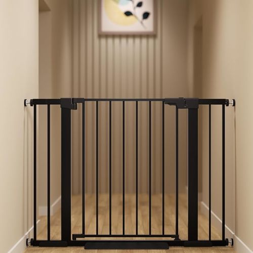 29-42 inches Metal Baby Gate for Stairs/Doorways, 30 inches Tall Pressure Mounted Pet Gates, Auto-Close Child Safety Gate, No Drilling Easy Walk-Through Dog Gate Indoor, Black