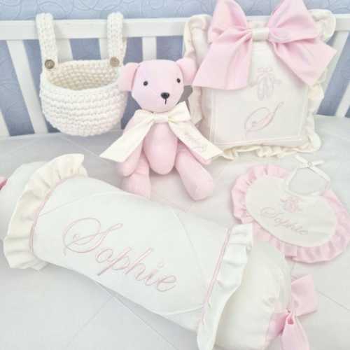 Embroidered Cot Set – Pillow, Roller, Basket, Bear and Bib,  Baby Girl Nursery