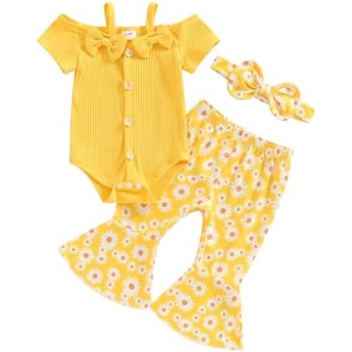fhutpw Newborn Baby Girl Clothes Rib Frill Long Sleeve Romper Daisy Flared Pants Headband Set 3pcs Fall Winter Outfits