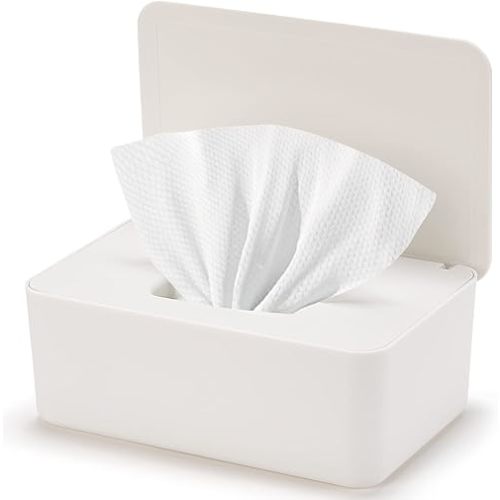 Baby Wipes Dispenser, Wipe Holder for Baby & Adult,Keeps Wet Tissue Fresh, Non-Slip Wipes Case, Flushable Wipe Container with Sealing Design Lid (1-White)