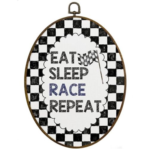 MAQIKA Race Car Boy Nursery Framed Oval Wall Art Decor, Race Car Room Oval Wall Hanging Decor, Black and White Checkered Canvas Prints Wall Art for Kids Boys Room Bedroom Playroom, 8.7x11.3 Inch
