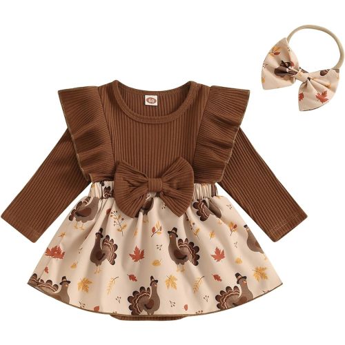 MoZiKQin Baby Girl Thanksgiving Outfit Newborn Romper Dress Ribbed Ruffle Skirt Hem Jumpsuit Cute Fall Clothes+Headband