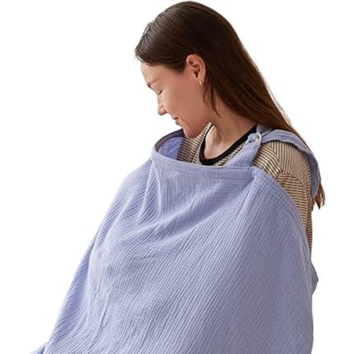 TILLYOU Muslin Nursing Cover for Baby Breastfeeding, 100% Cotton Breathable with Arch Neckline for Women, Blue