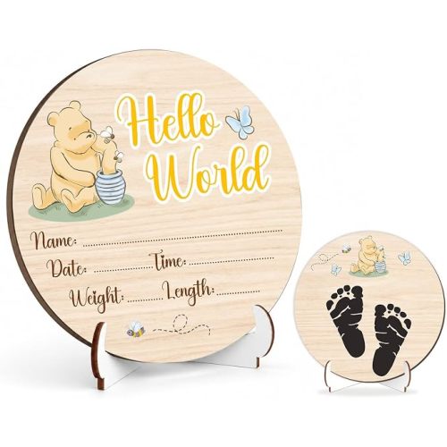 Winnie Baby Wooden Newborn Birth Sign, Winnie Hello World Newborn Signs, Babies Name Sign, The Pooh Baby Announcement Signs Photography Prop, Double Sided Hello World for New Mom Babies Party