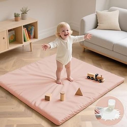 Baby Play Mat 50x50 Inches,1.3" Thick Padded Waterproof Floor Cushion & Playpen Mat with Vegan Leather,Non-Slip & Non-Toxic Nursery Rug for Infants, Toddlers & Kids(Pink)