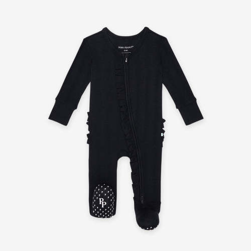 Black Pointelle Footie Ruffled Zippered One Piece