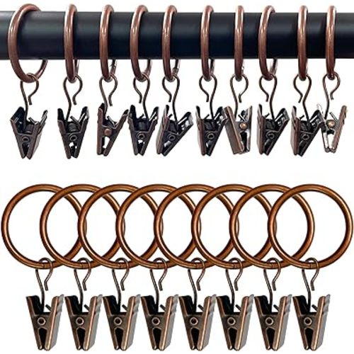 100 Pack Antique Copper Curtain Rings with Clips, Curtain Hooks Hangers Clip Rings for Hanging Drapes Bows Hat, Drapery Rings 1 in I D, Fits up to 5/8 in Diameter Curtain Rod.