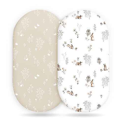 GRSSDER Stretch Ultra Soft Fitted Bassinet Sheet Set 2 Pack, Universal Fit for Bassinets Baby Cradle Moses Basket Oval Rectangle Mattress Safe and Snug, Stylish Watercolor Rabbit Pattern