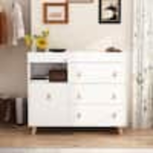 FUFU&GAGA White 4-Drawers Wood 44.9 in. W Kids Low Dresser Changing Table Dresser with, Changing Table, Open Shelf AMKF180079-03