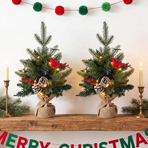 XunYee 2 Pack 15.7 Inch Mini Christmas Tree Set Pre-lit Tabletop Christmas Trees with Cardinals and Berries Small Artificial Xmas Tree with Light Battery Operated for Indoor Home Table Desk Xmas Decor