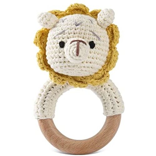 Wooden Baby Rattle Crochet Lion Baby Teething Ring Handmade Newborn Toy Early Development Grips Stuffed Animal Organic Rattle