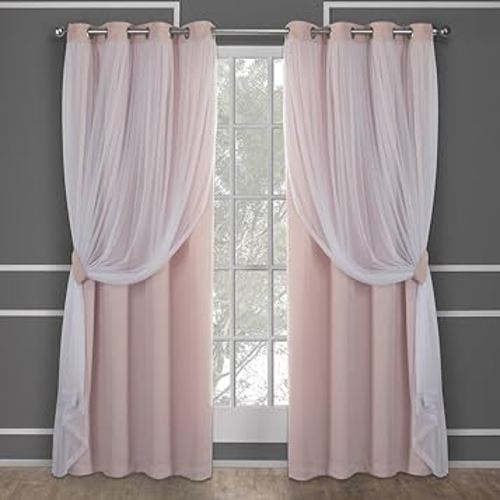 TOWN & COUNTRY LUXE Talia Double Layer Indoor Curtains, Sheer and Room Darkening Blackout, Grommet Top, Energy Efficient, 2-Pack Set, 52"x96", Rose Blush