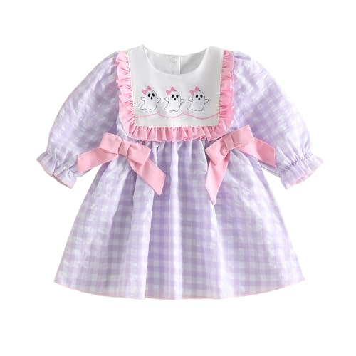 Toddler Baby Girl Halloween Outfit Ghost/Pumpkin Plaid Smocked A-line Dress | Fall Winter Clothes, Embroidery Long Sleeve Doll Collar Puff Sleeve Dress, Little Kid Thanksgiving Holiday Cosplay Costume