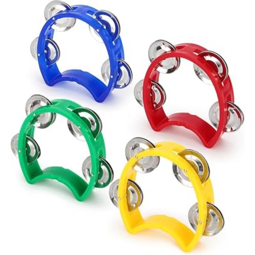 4 Pack Plastic Percussion Tambourines, Mini Hand Bell Percussion with 4 Jingle Bells, Hand-held Percussions Musical Instrument for Adults Kids School Birthday Party, 4 Color