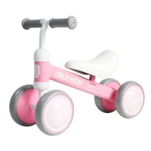 Allobebe Baby Balance Bike 4'' for Ages 12-30 Month 4-Wheel Ride-On with Adj Seat and Silent Wheels - Pink