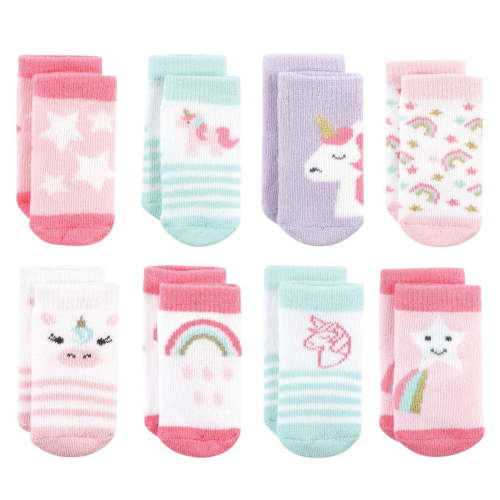 Hudson Baby Infant Girl Cotton Rich Newborn and Terry Socks, Unicorn 8-Pack, 0-6 Months