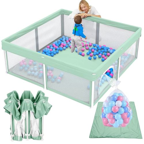 TOREVSIOR Foldable Baby Playpen with Mat, 50"×50" Collapsible Play Pen for Babies and Toddlers, Indoor & Outdoor Kids Safety Play Pen, Portable Play Yard, Foldable Baby Playpen with 50 Ocean Balls