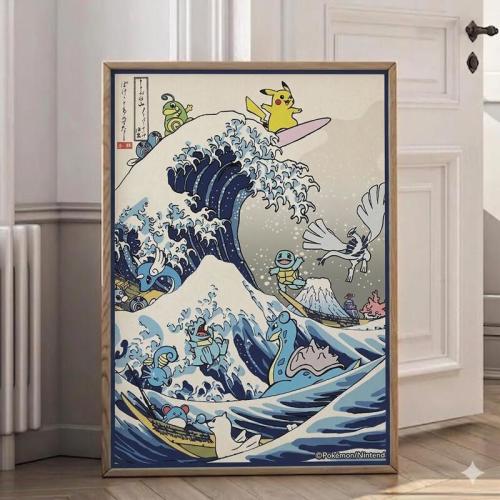 Japanese Surf Pokemon Poster, Pikachu Squirtle Great Wave Wall Art, Ukiyo-e Style Pokemon Print, Totodile Lapras Lugia Decor, Otaku Gift