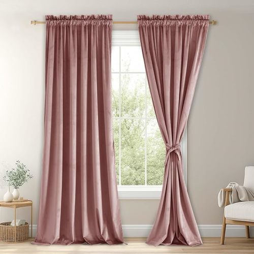 JIUZHEN Wild Rose Velvet Curtains 2 Panels Set, Soft Block Light Thermal Insulated Noise Reducing Rod Pocket Curtains for Living Room and Bedroom, 52W x 96L, 2 Panels with Tiebacks