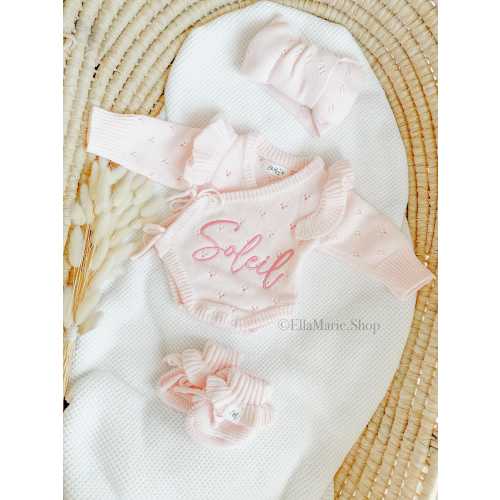Newborn girl coming home outfit, knit baby girl ruffle romper, embroidered name baby announcement, infant gender reveal, baby shower gift