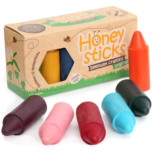 Honeysticks 100% Pure Beeswax Crayons (12 Pack) - Non Toxic Crayons for Toddlers 1-3, Safe for Baby from 1 Year Old Plus, Handmade with Natural Beeswax and Food-Grade Colors, Eco Friendly