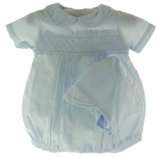 Baby Boys Blue Smocked Bubble Outfit & Bonnet Set
