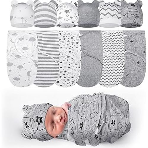 Ramede 6 Pack Preemie Swaddle Blanket with Hats Sleep Swaddle for Baby Boy Girl Preemie Newborn Sacks Soft Cotton Wearable(Star,Grey)