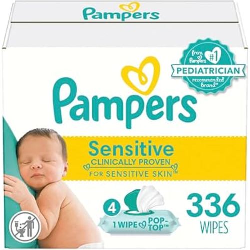 Pampers Sensitive Baby Wipes, Water Based, Hypoallergenic and Unscented, 4 Flip-Top Packs (336 Wipes Total) [Packaging May Vary]