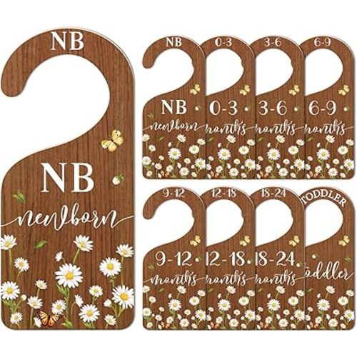 Whaline 8Pcs Daisy Baby Closet Size Dividers Hanging Wooden Baby Closet Organizers Newborn to Toddler Rustic Floral Butterfly Infant Wardrobe Organizers for Home Nursery Bedroom