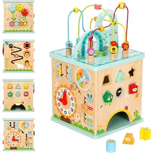 OOOK All-in-one Activity Center, 5 in 1 Baby Activity Table with Gear Game, Kids Sensory Table Play Cube with Montessori Calendar, Bead Maze, Shape Sorter, Ball Drop and More