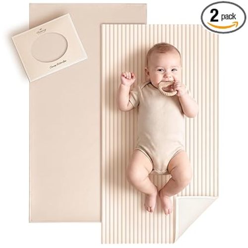 Konssy Faux Leather Waterproof Baby Changing Mat 2 Pack, Regular, 30"x17" | Wipeable & Foldable, Portable Diaper Changing Pad, Fits Diaper Bags for Travel, Home And on-The-Go Use (Beige,Stripes)