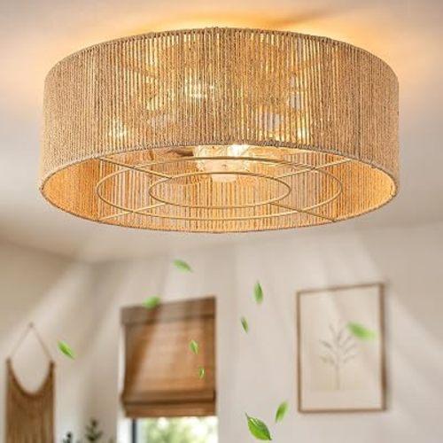 Boho Rattan Caged Fandelier Ceiling Fans with Lights and Remote Control
