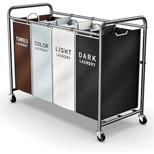 ROMOON Laundry Hamper Sorter Cart: 4-Section Organizer with Heavy-Duty Lockable Wheels and Removable Bags | 180L Rolling Laundry Basket for Dirty Clothes in Laundry Room or Small Spaces (Multicolor)
